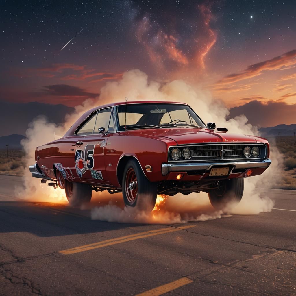 Red 1965 Dodge Charger Burnout in Neon Style