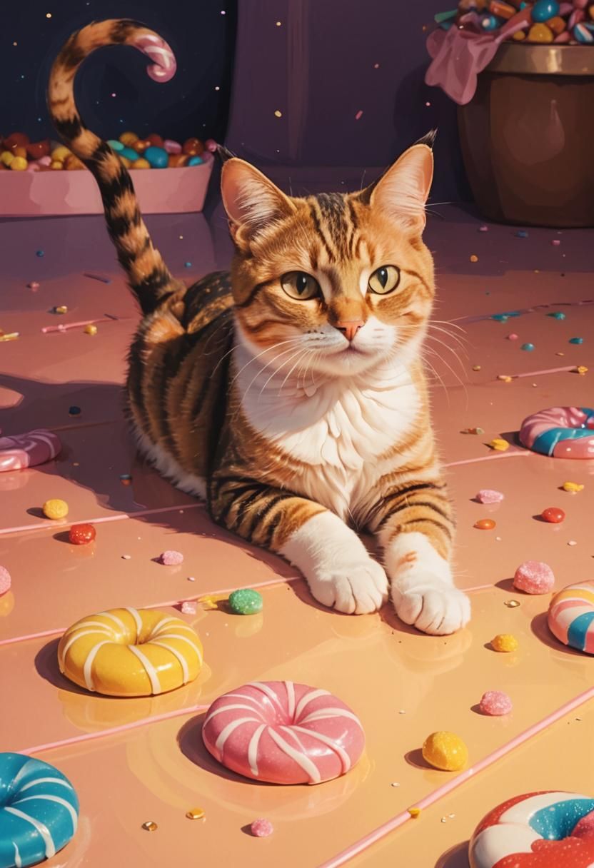 Cat on Candy Pile in Whimsical Pop Art Style