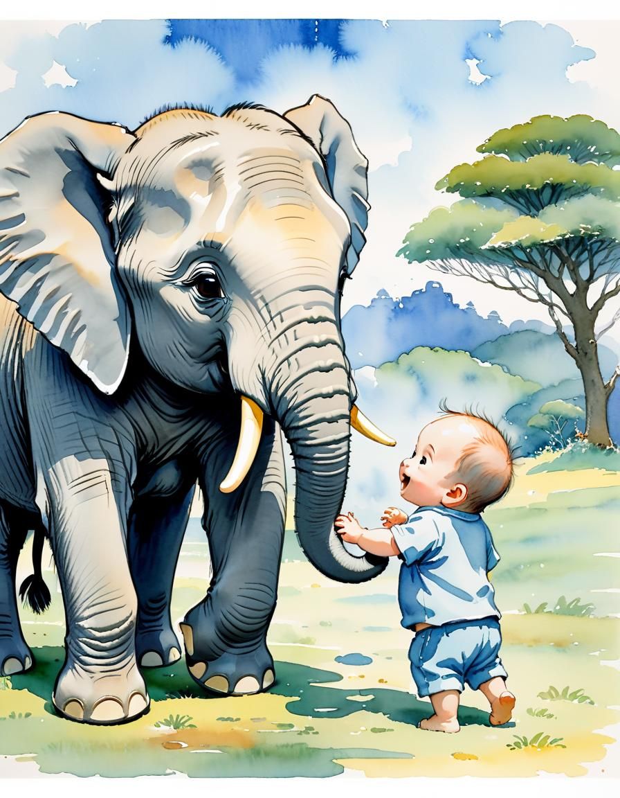 Adorable Elephant and Boy Playdate, Studio Ghibli Style