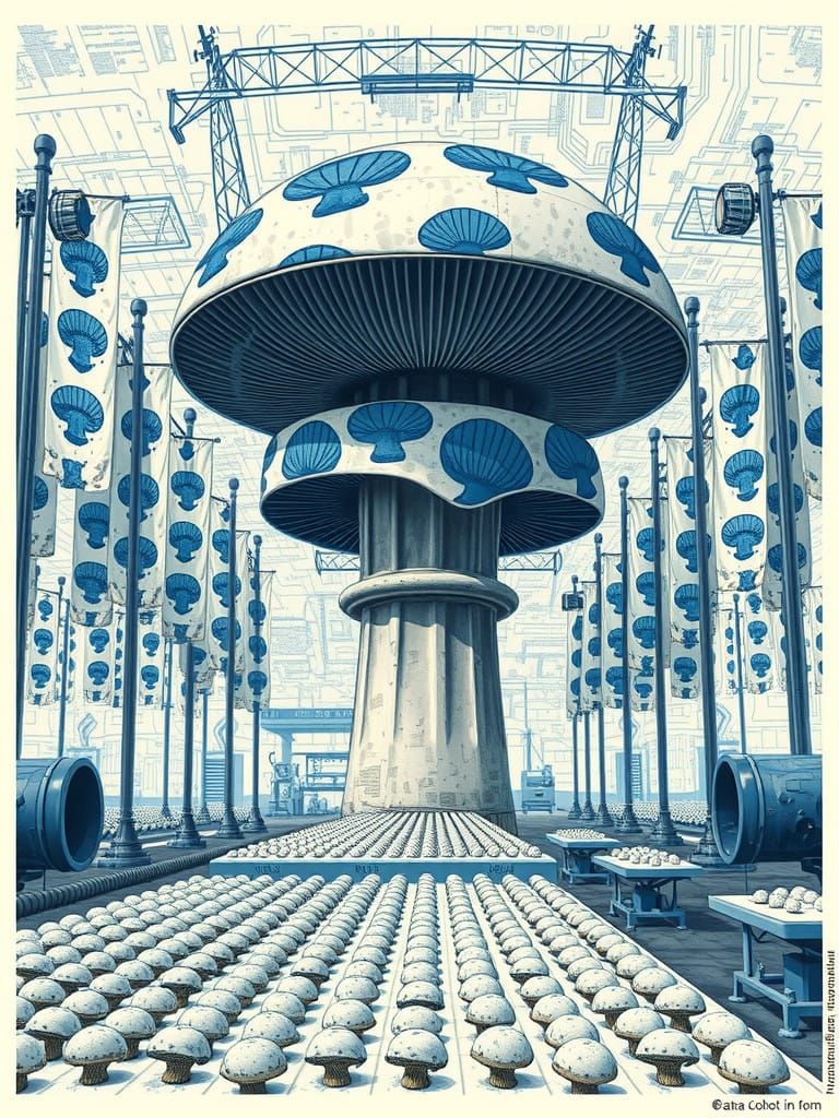 Surreal Mushroom Metropolis in Linocut Style