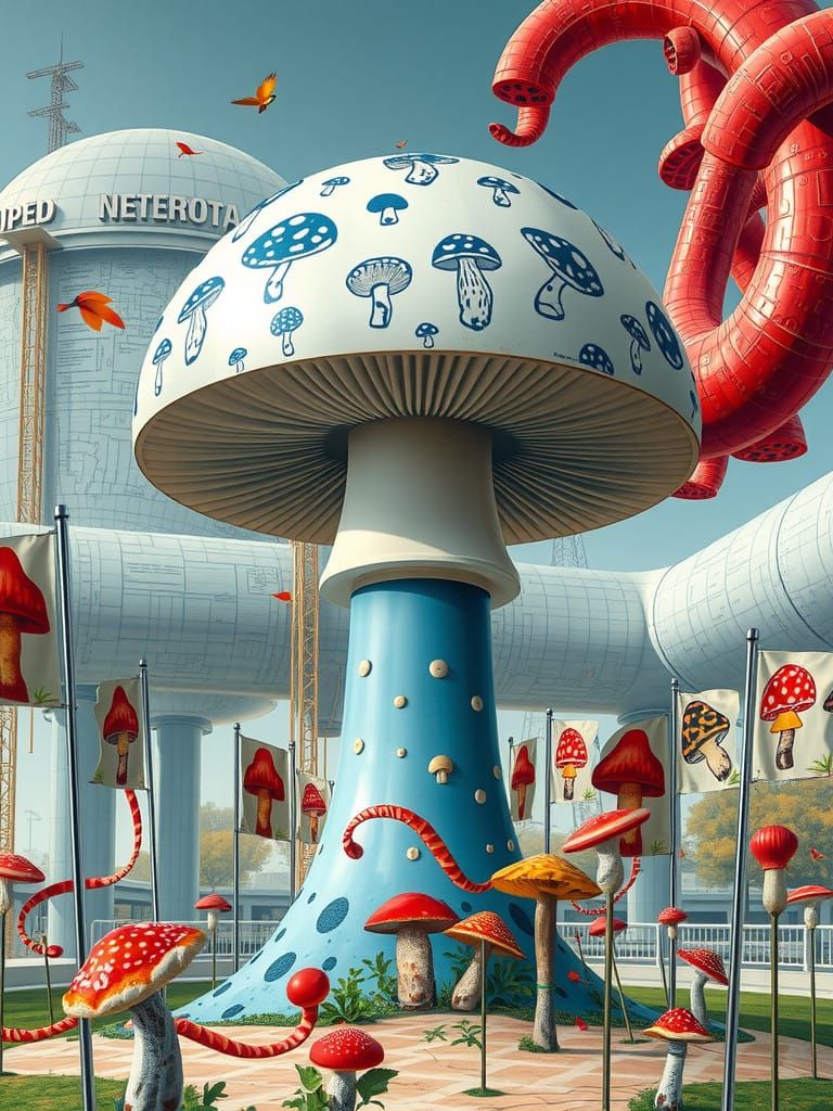Surreal Mushroom Convention Unfolds from PVC Pipe in Cyberpu...