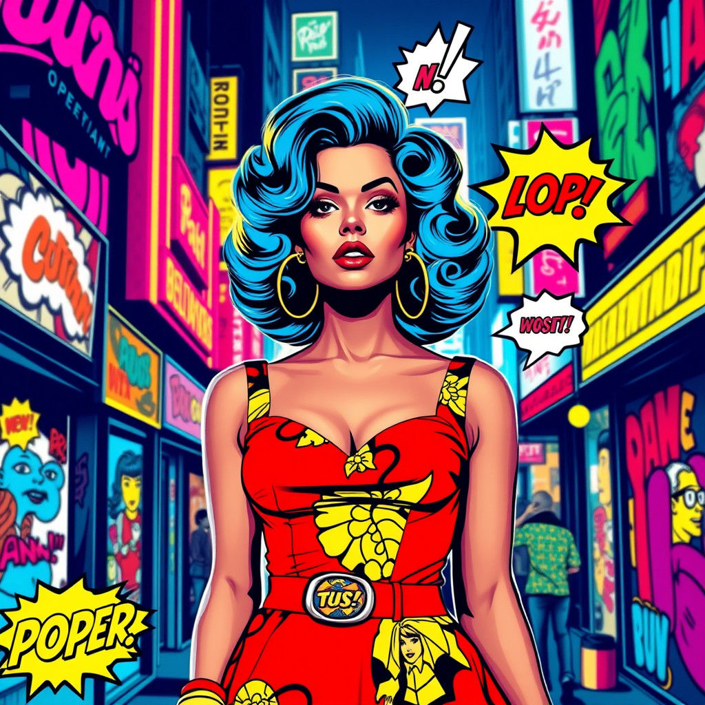 Pop Art Woman in Neon Cityscape