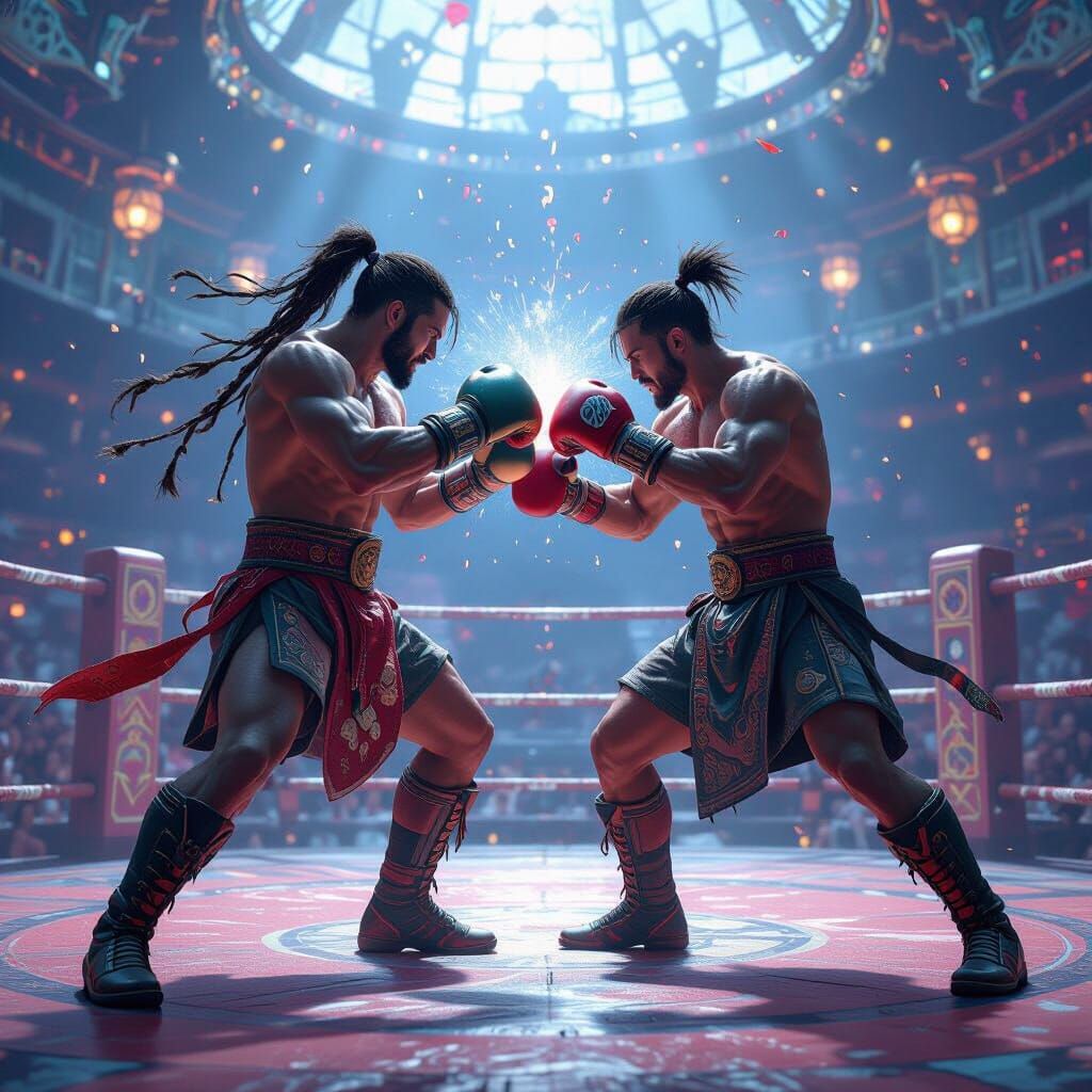 Mystical Arena Kickboxer Fight in Dreamlike Style
