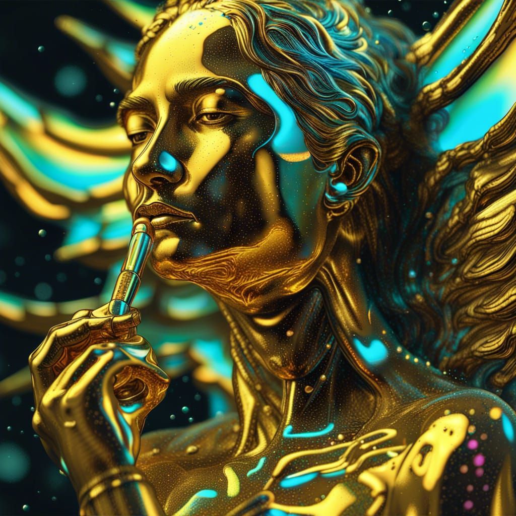 Liquid otherworldly cool dreamy holographic golden Angel smoking bong with vibrant cinematic intricate ak47 blackliquid ...