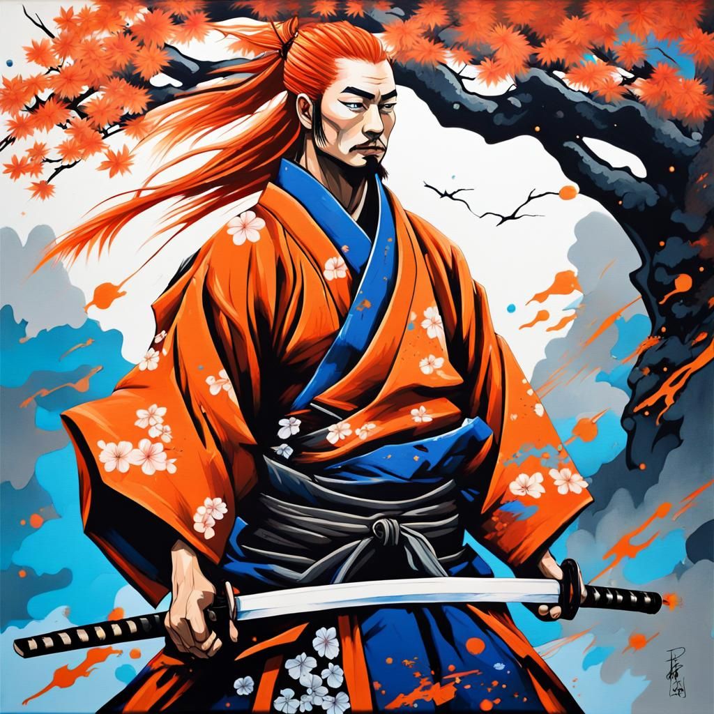 Samurai Warrior with Hattori Hanzo Sword in Graffiti Art