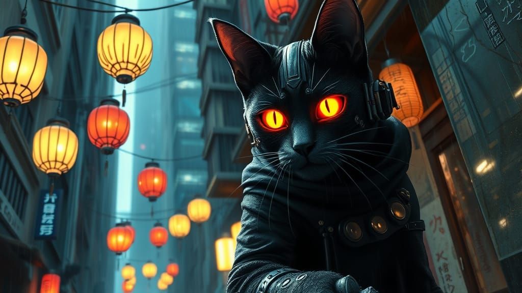 Cyber Ninja Cat in Neon Cyberpunk Alleyway