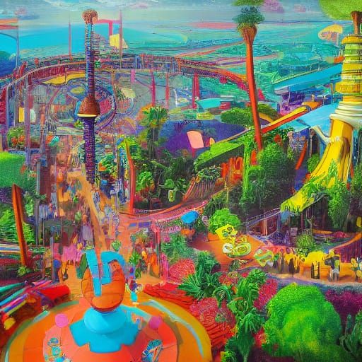 Surreal Futuristic Theme Park with Whimsical Details