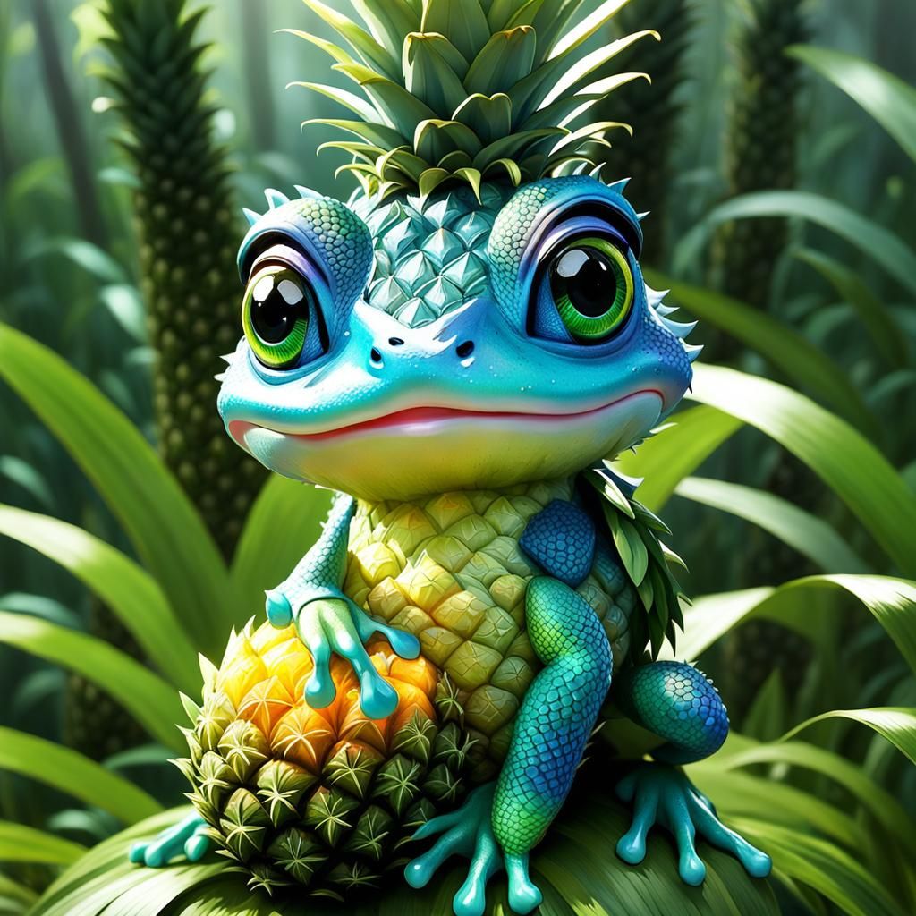 Chibi Pineapple Frog in Forest, Detailed Digital Art