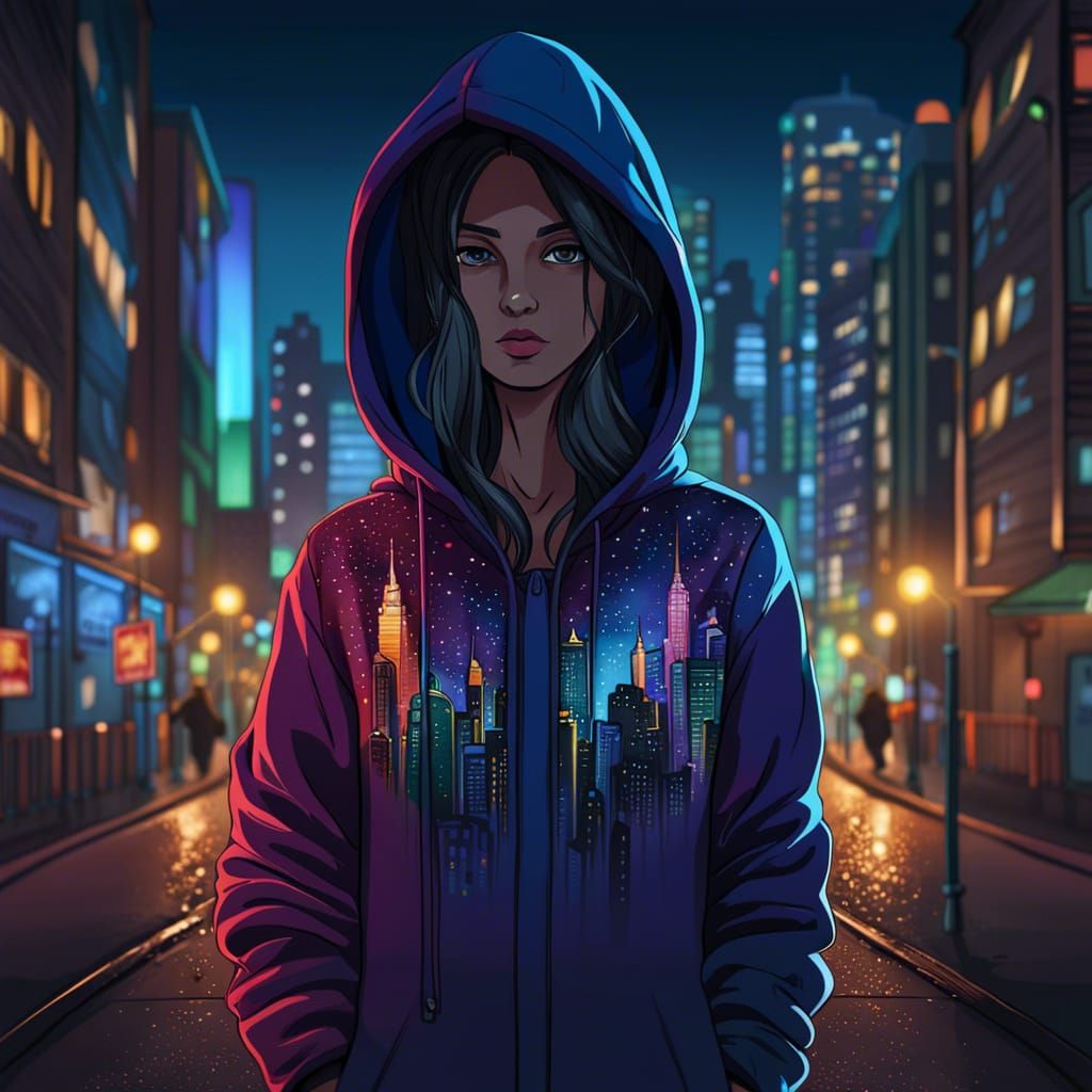 Anime Woman in Hoodie, Night Cityscape