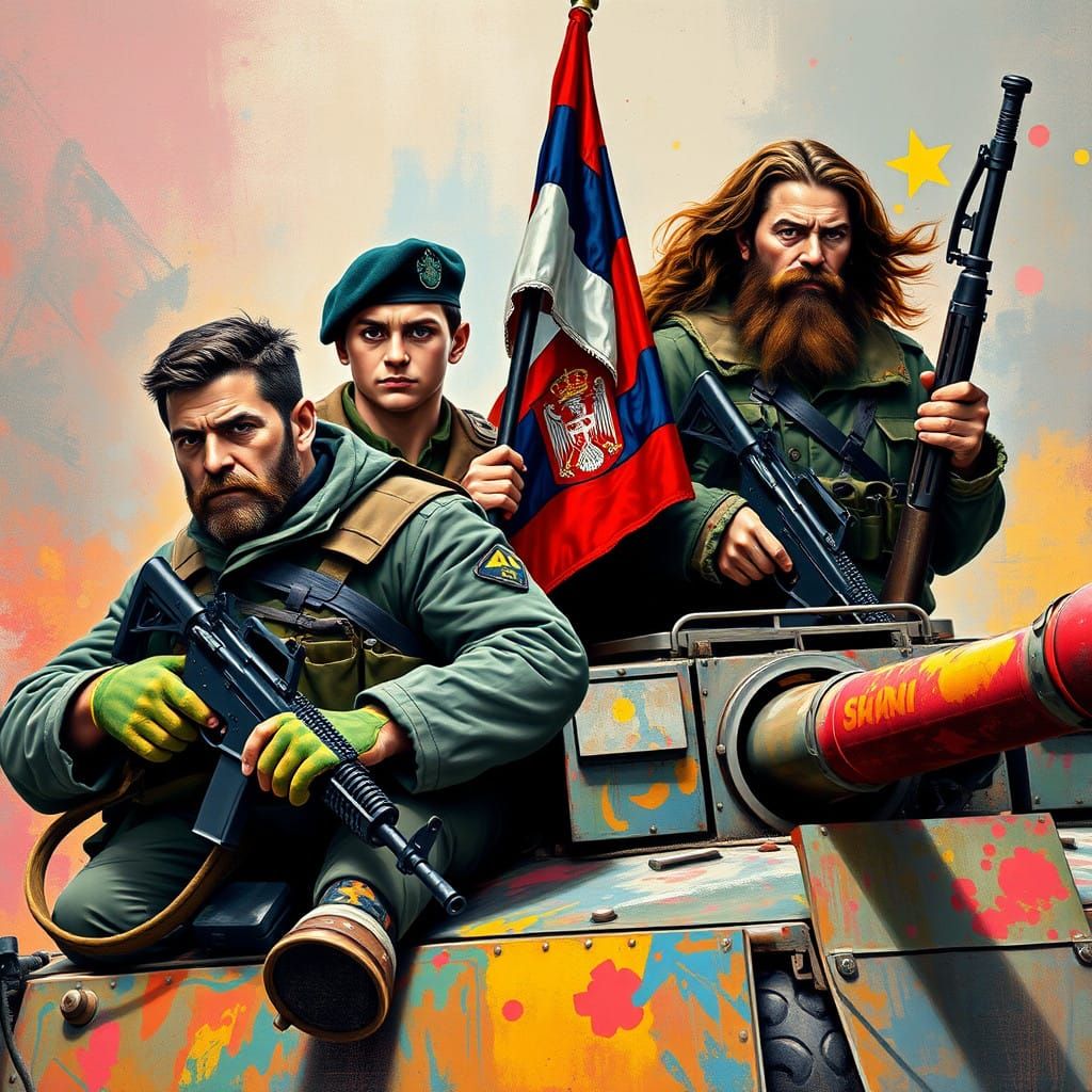 Warriors on a Tank in Vibrant Street Art Style