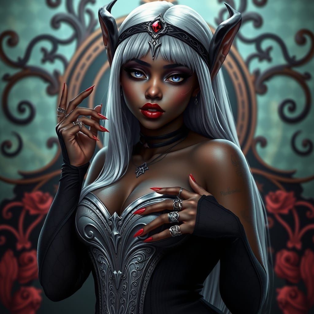 Ebony Elf Woman in Art Nouveau-Inspired Fashion