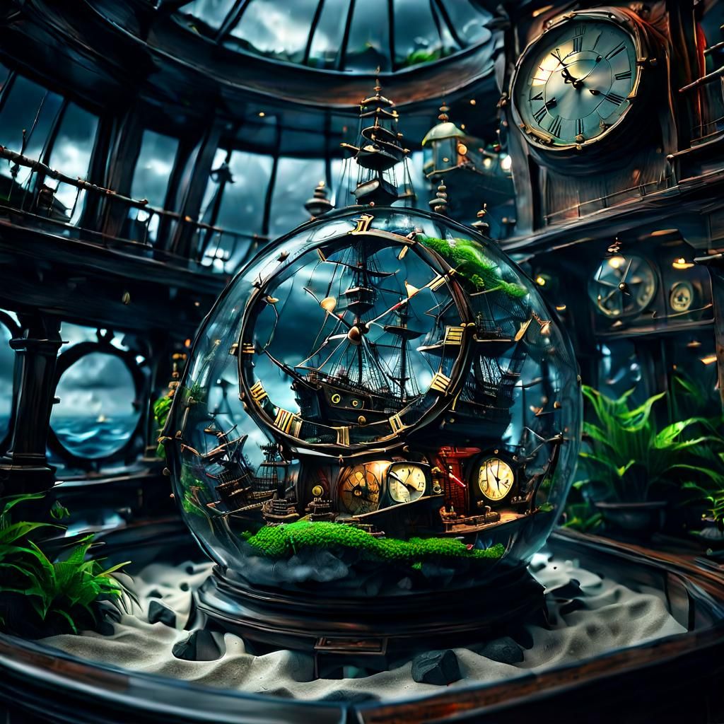 Ship and Clock Terrarium in Hyperrealistic Style