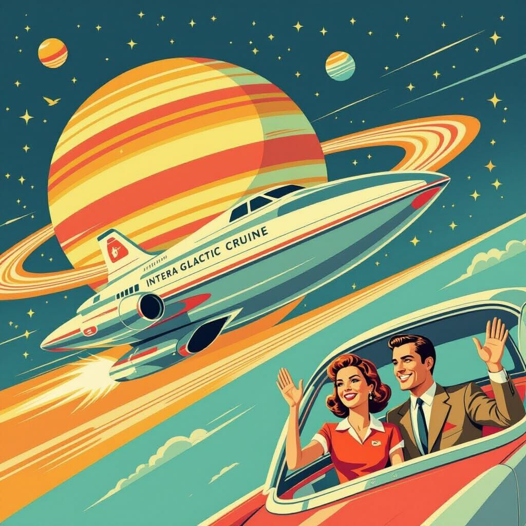 Retro Sci-Fi Spaceship Past Ringed Planet