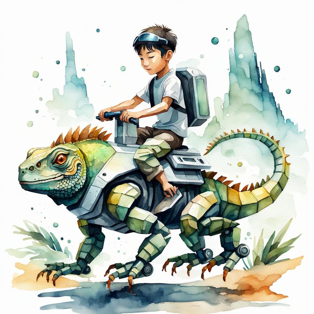 Boy Rides a Futuristic Robot Iguana in Watercolor