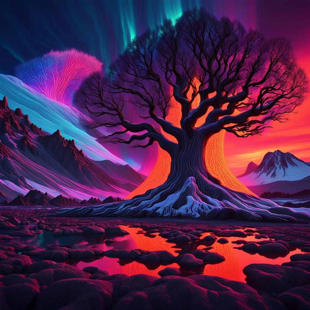 Aurora Tree Amidst Lava and Snow: Concept Art