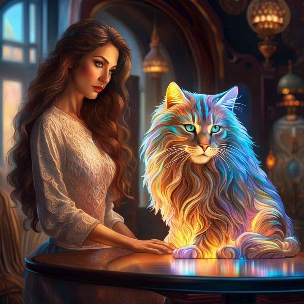 woman standing beside a  holographic cat