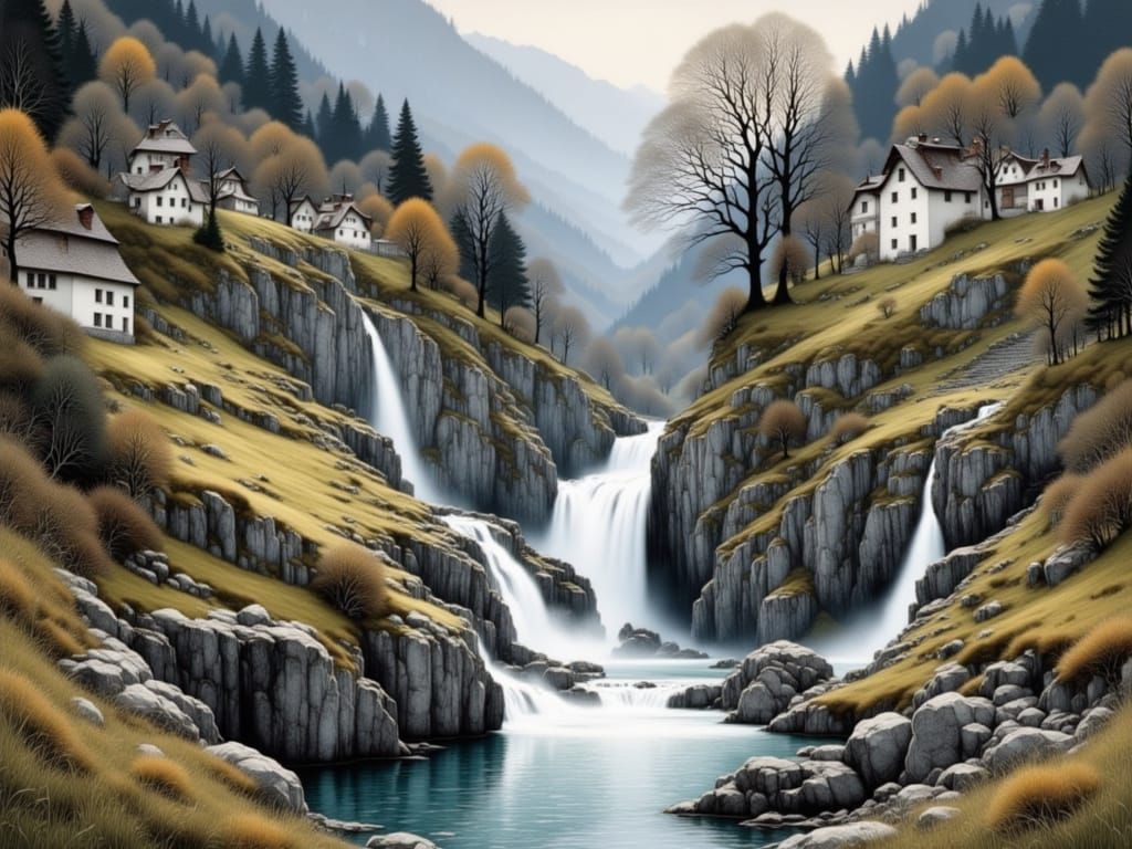 Luminous Waterfalls in Bernese Oberland Landscape Art