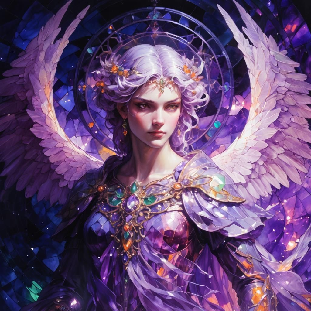 Dark Purple Stained Glass Art with Green and Orange