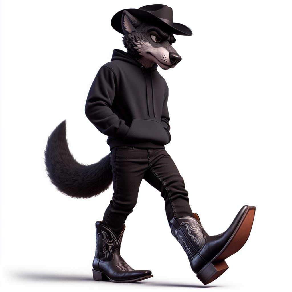 Wolf Gangster Stepping Up in Black Cowboy Boots