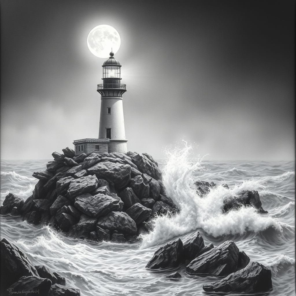 Stormy Sea Lighthouse: Hyper-Detailed Charcoal Drawing