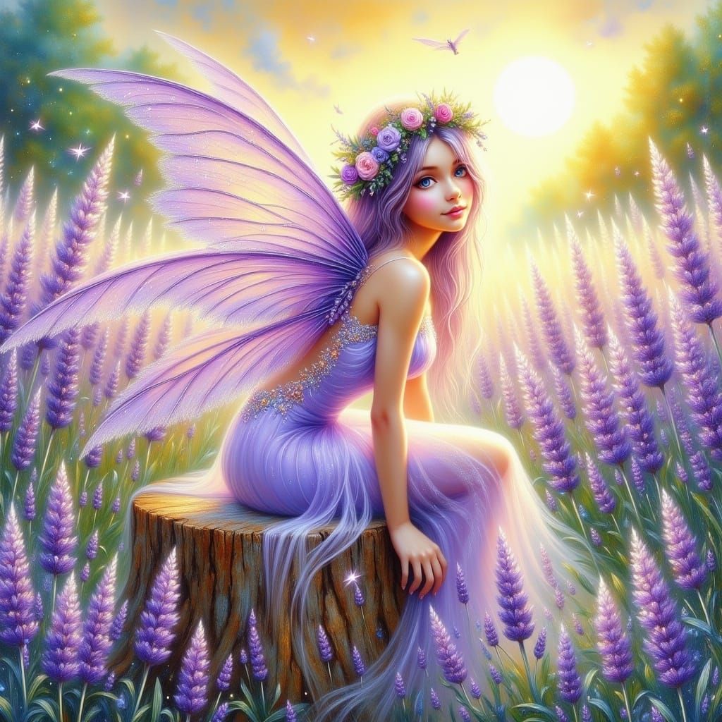 Fairy in Lavender Field in Mixed Media Style