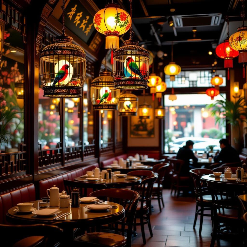 Ornate Bird Cages in Warmly Lit Chinese Dim Sum Restaurant