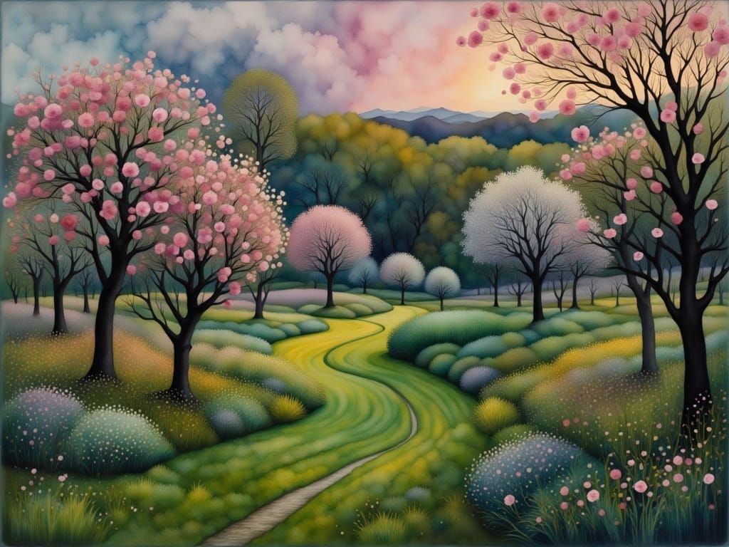 Vibrant Apple Blossom Garden in Soft Evening Light, a Mixed ...