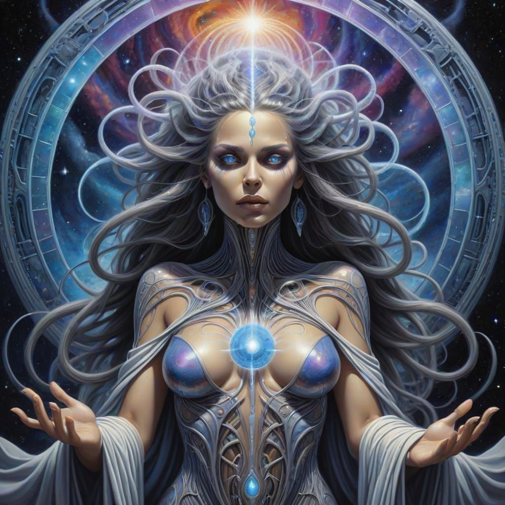 A mesmerizing scene of a time-traveling sorceress standing i...