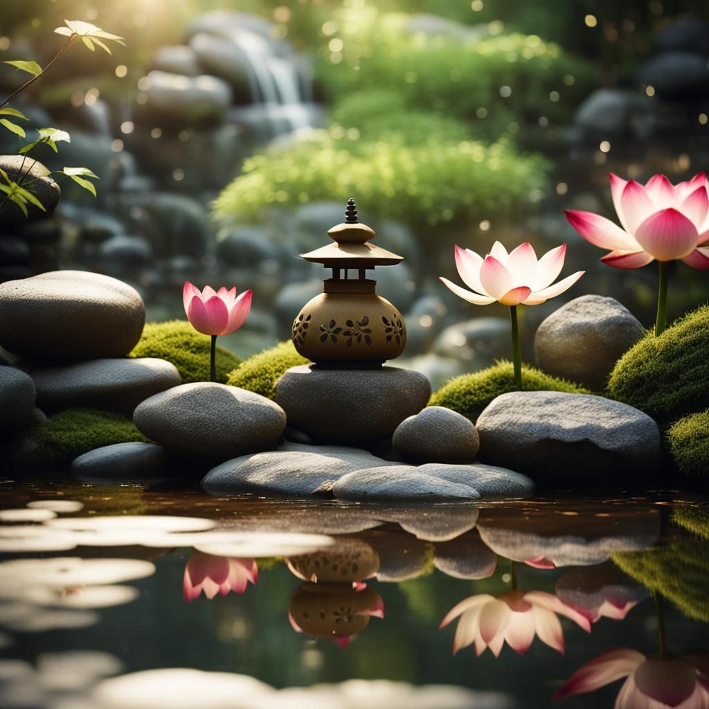 Japanese Zen Garden with Lantern in Hyperrealistic Style