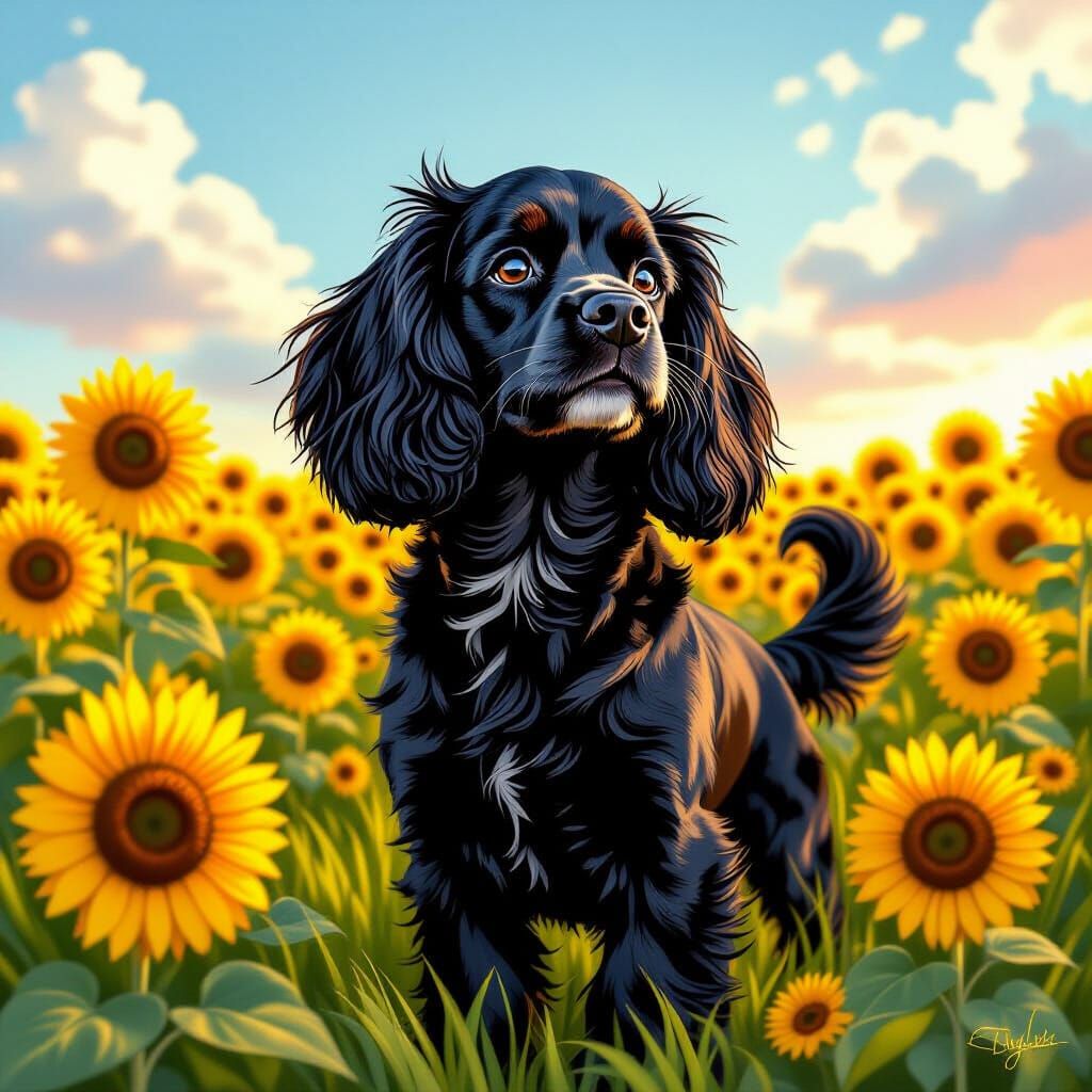 Black Cocker Spaniel in Sunflower Field, Concept Art