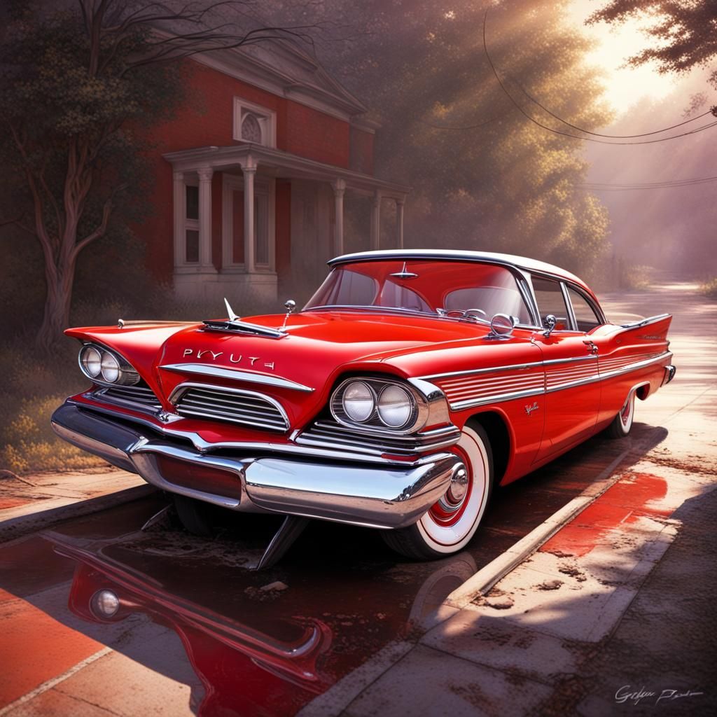 Damaged Red 1958 Plymouth Fury in Horror Style