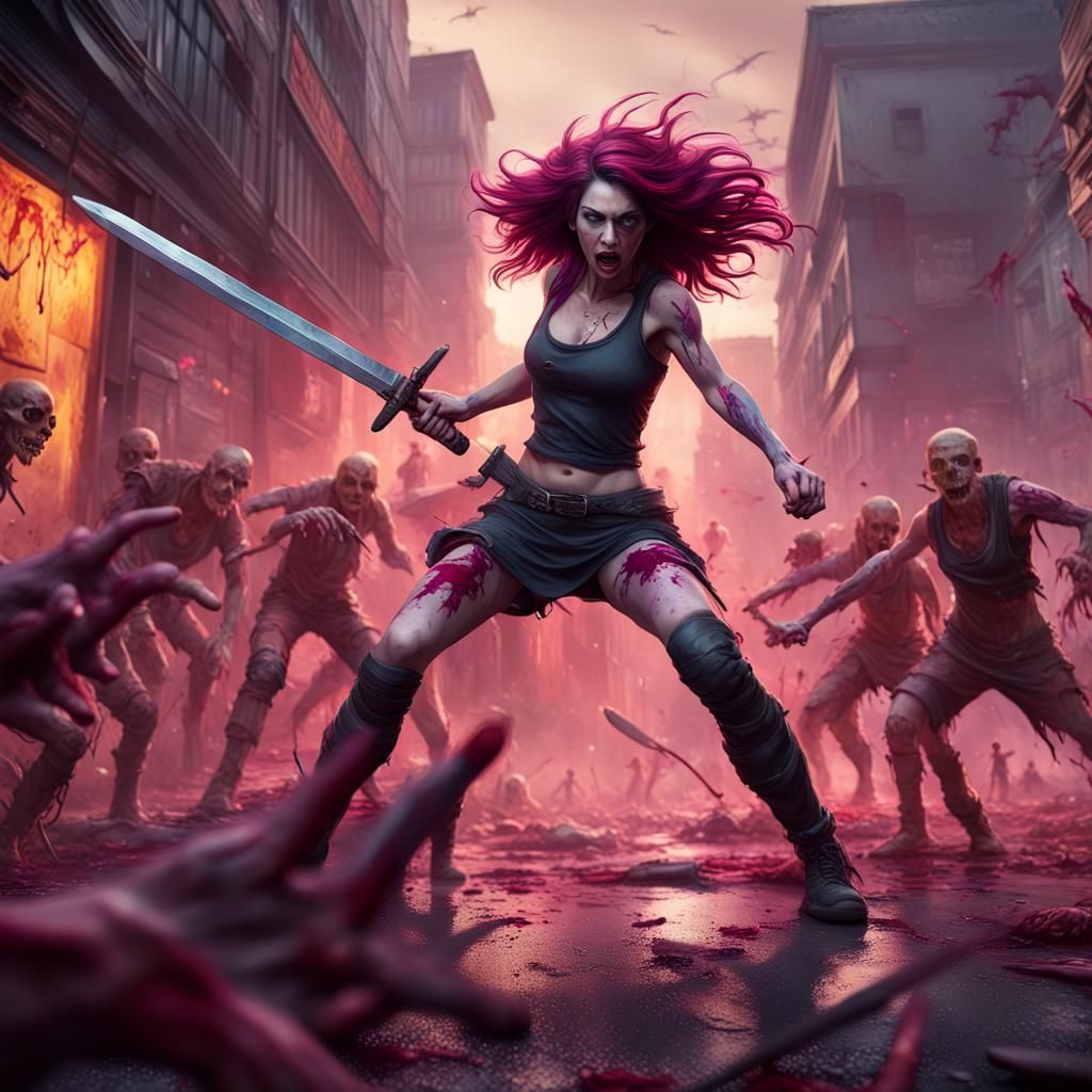 Magenta-Haired Warrior Slaying Zombies: Fantasy Concept Art