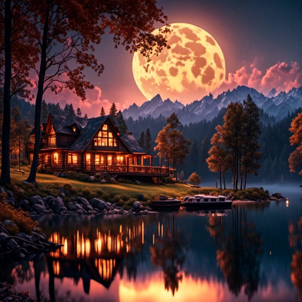 "Night setting"  Log cabin on hill overlooking large lake wi...