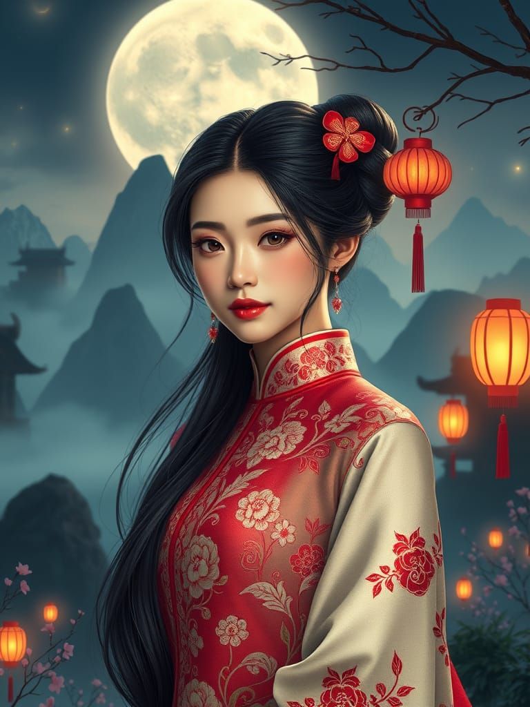 Taiwanese Goddess in Moonlit Landscape