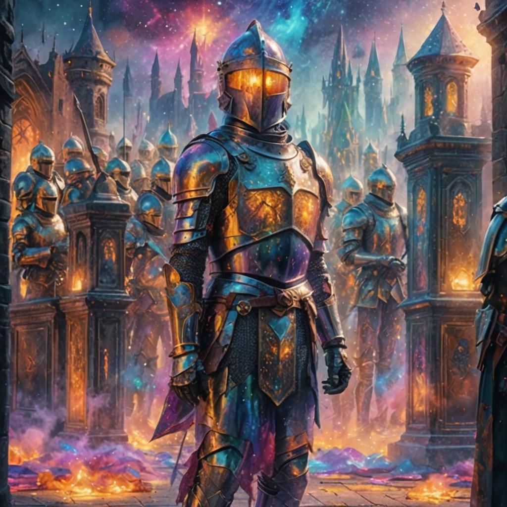Knights in City Square: Holographic Astral Illustration
