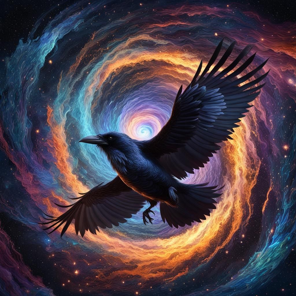 Raven Soaring Through Cosmic Storm, Impasto Oil Painting