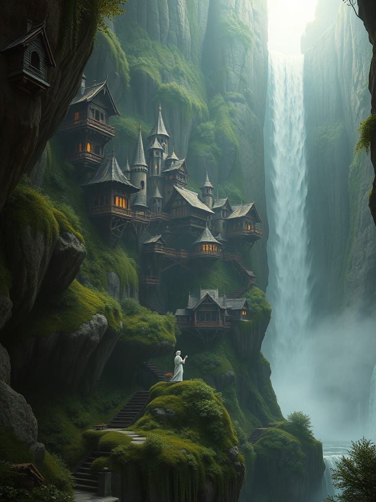 Epic Waterfall Cityscape in High Fantasy Style