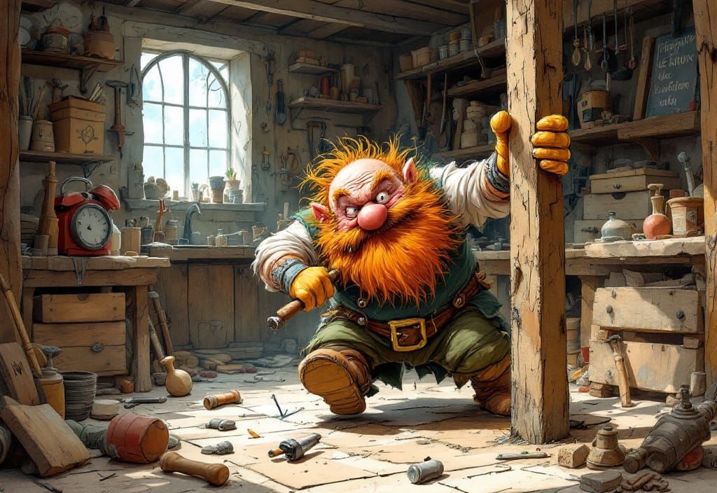 Comical Dwarf's Workshop Mishap in ligne claire Style