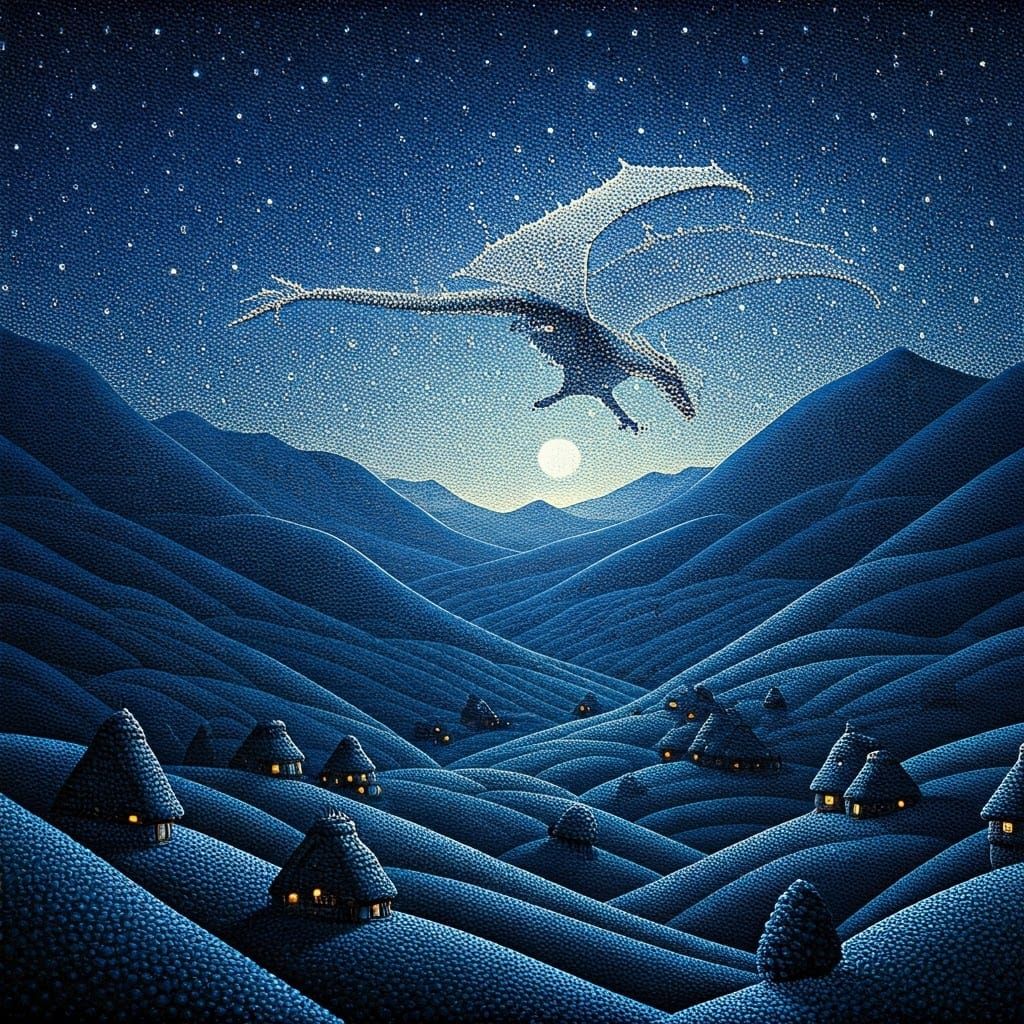 Dragon Soaring Over Moonlit Valley in Pointillism Style