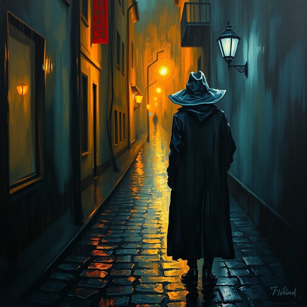 Mysterious Figure in Rainy Alleyway