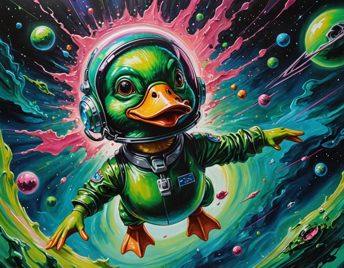 Surreal Cartoon Duck Punches Alien in Oil Painting