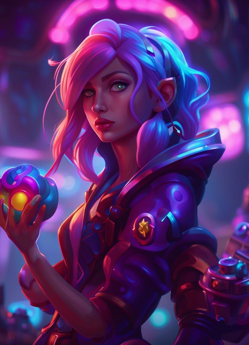 Arcane Girl with Wind-Up Toy in Neon Arcade