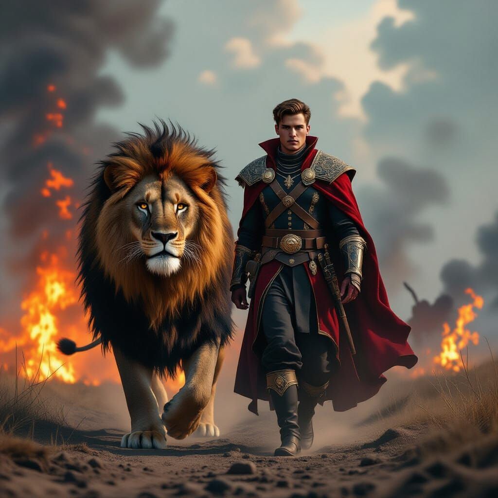 Regal Man and Lion Walking Through Fire