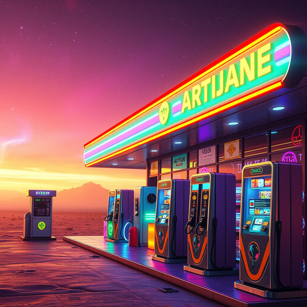 Neon Alien Gas Station in Retro-Futuristic Style