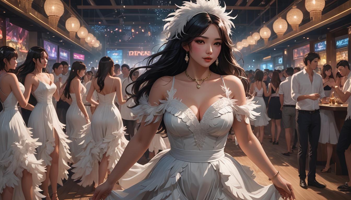 Curvaceous Woman in White Dress, Anime Art