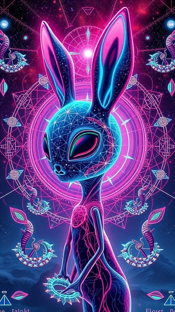 Surreal Cyberpunk Odyssey with a Glowing Bunny Alien