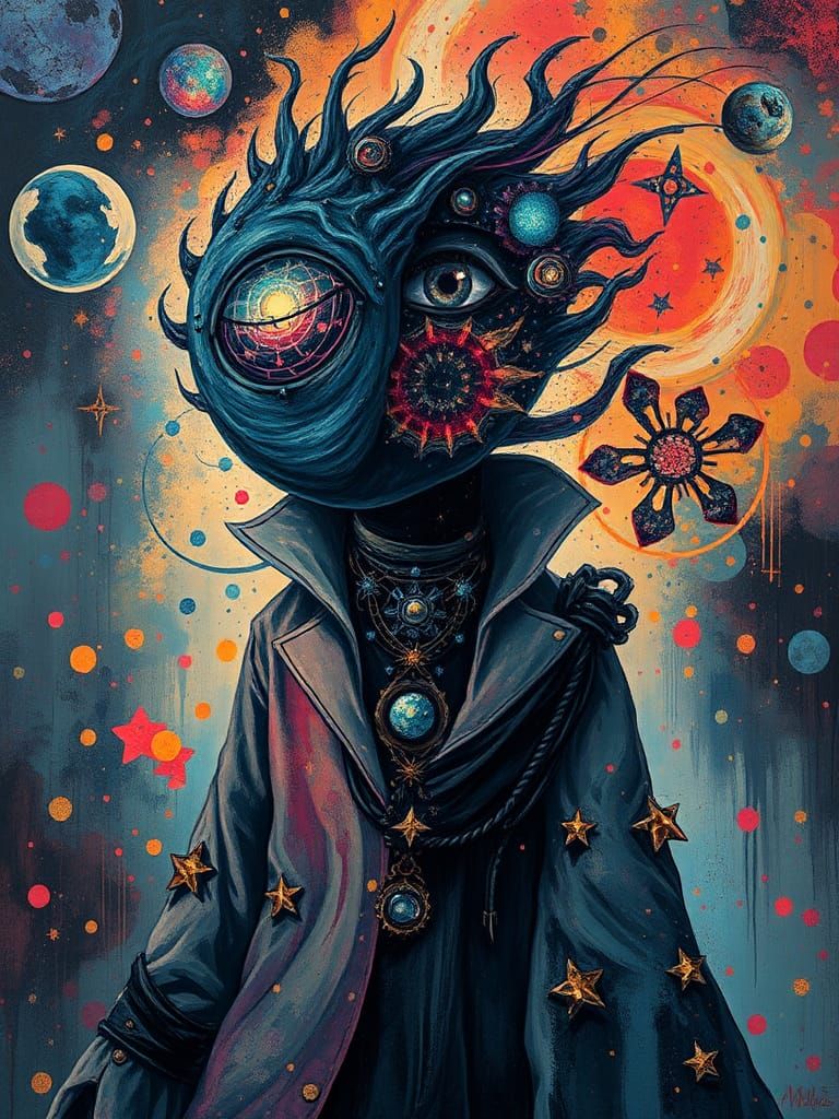 Cosmic Being Portrait in Vintage Flat Illustration Style