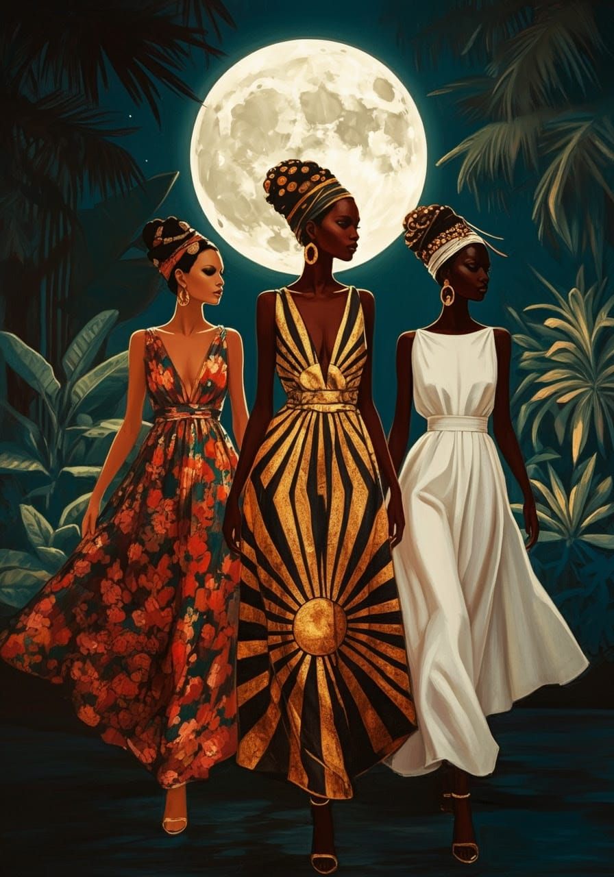 Elegant Women Strolling Under a Tropical Moonlit Sky in a Cy...