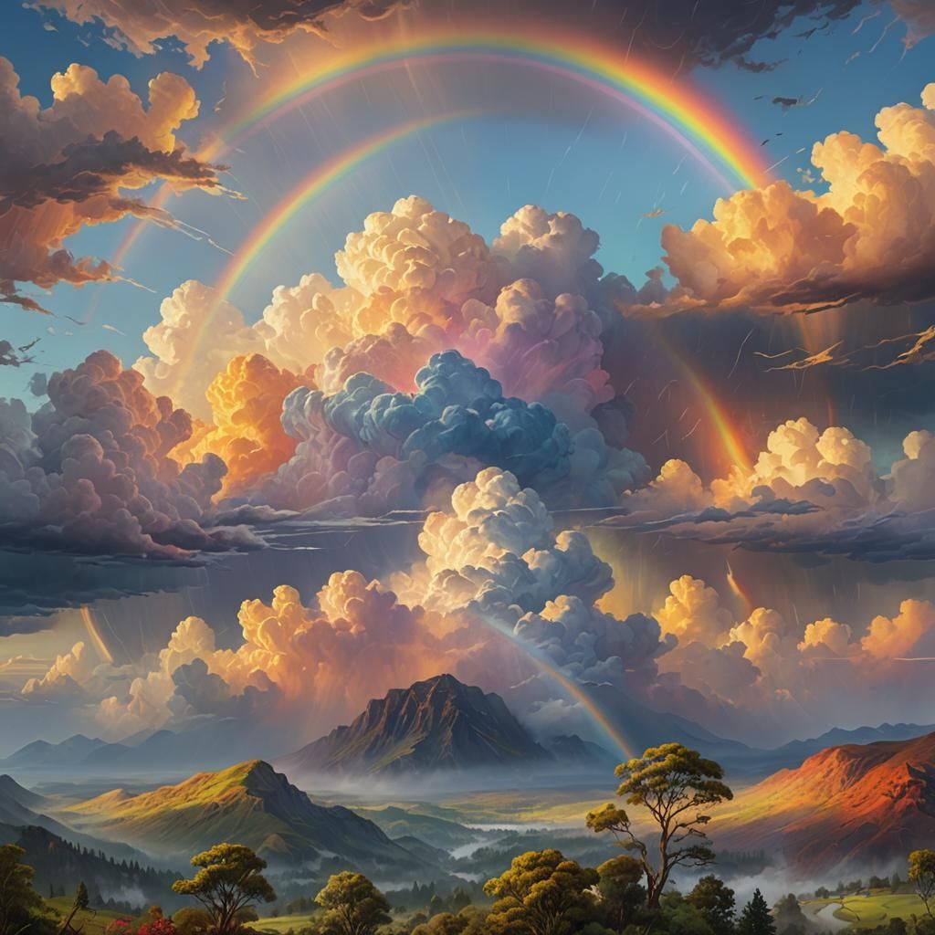 Rainbow After Rain: Serene Landscape in Fantasy Concept Art
