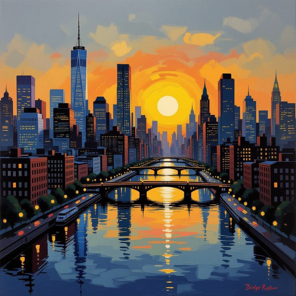 Abstract Cityscape at Sunset in Op Art Style